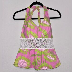 Vintage• Lilly Pulitzer Chantel Halter Top Pink Green Floral Crochet Waist Small